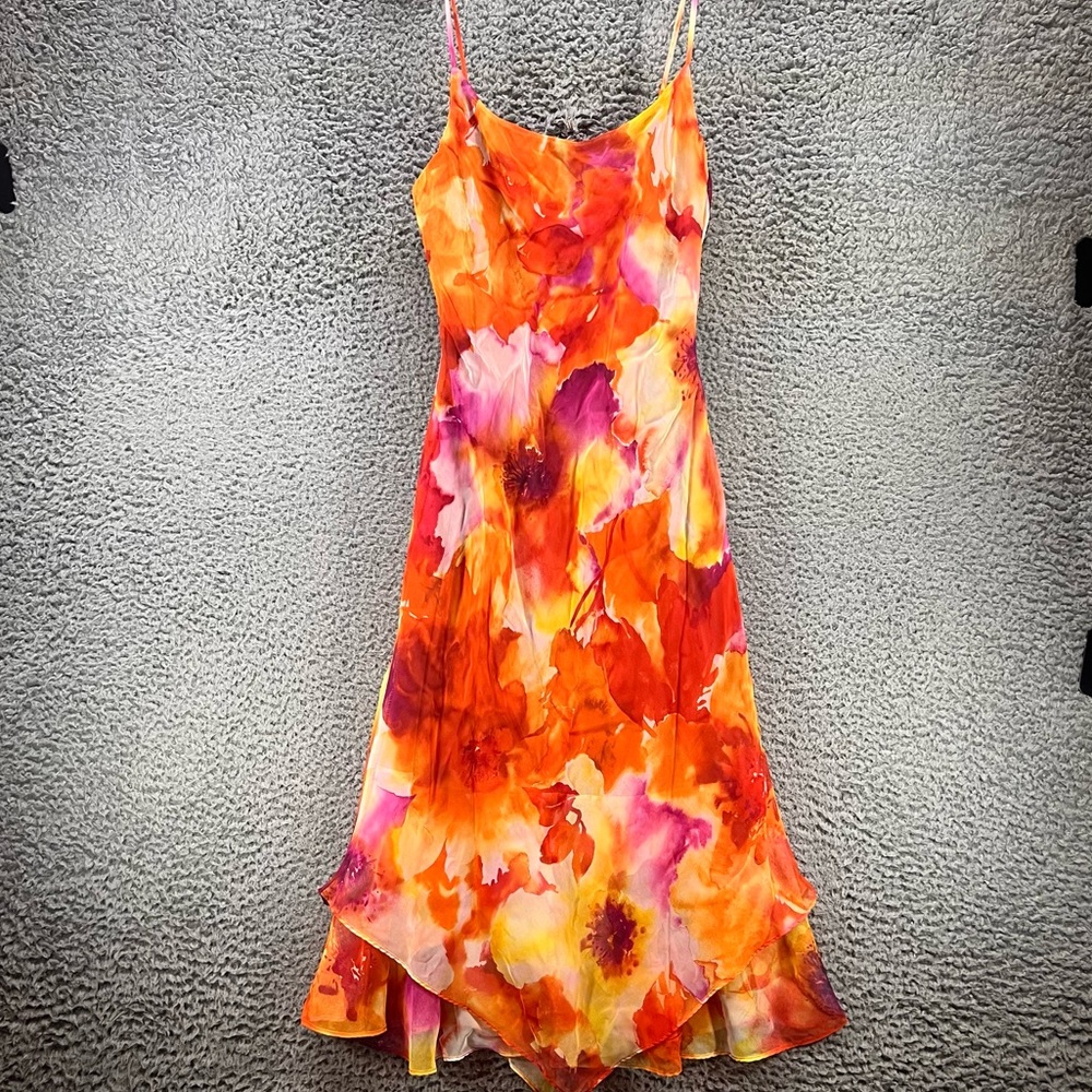 Vtg Slip Dress Sz 7 Orange Floral Chiffon Midi Y2K Summer Spring Boho Hippie